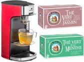 Senya Tea Time Theemaker, Rode Elektrische Theepot en 2 Blikken Les 2 Marmottes Thee (Groene Thee met Munt en Jasmijn)