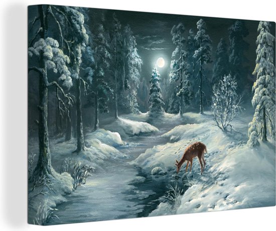 Canvas Schilderij Winter - Schilderij - Hert - 60x40 cm - Wanddecoratie
