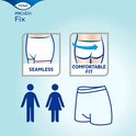 TENA ProSkin Fix: illustraties van naadloos broekje, comfortabele pasvorm, man en vrouw.