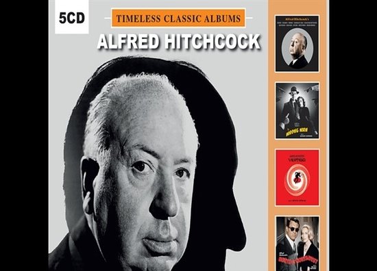 5-cd-box met portret van Alfred Hitchcock en covers van klassieke films zoals Vertigo en North by Northwest.