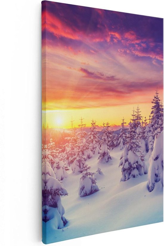 Artaza Canvas Schilderij Zonsondergang In Het Sneeuw Bos  - 20x30 - Klein - Foto Op Canvas - Canvas Print