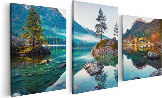Artaza Canvas Schilderij Drieluik Meer In De Bergen Tijdens De Herfst - 120x60 - Foto Op Canvas - Canvas Print