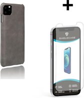 Shieldcase geschikt voor Apple iPhone 12 Pro Max 6.7 inch vintage leren hoesje - grijs + glazen Screen Protector