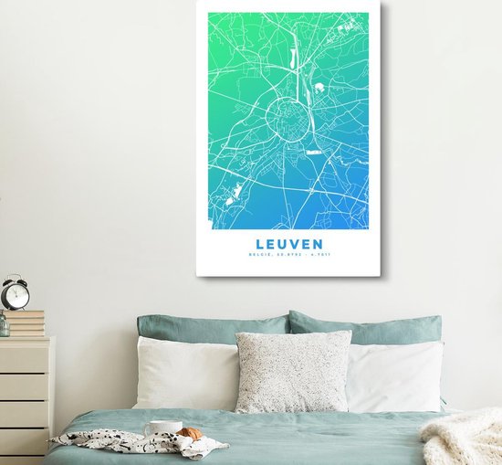 Tableau sur Toile City Map - Louvain - Blauw - Vert - 120x180 cm - Décoration murale XXL - Carte