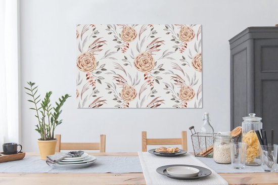 Toile Peinture Roses - Feuilles - Wit - 140x90 cm - Décoration murale