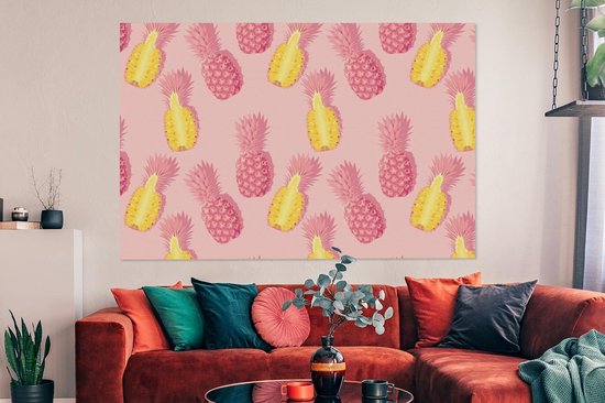 Canvas schilderij 150x100 cm - Wanddecoratie Zomer - Ananassen - Geel - Roze - Muurdecoratie woonkamer - Slaapkamer decoratie - Kamer accessoires - Schilderijen