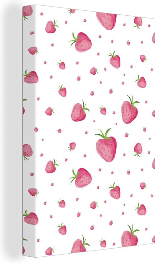 Canvas Schilderij Aardbei - Fruit - Wit - Waterverf - 20x30 cm - Wanddecoratie