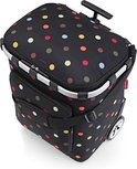 Zwarte boodschappentrolley met veelkleurige stippen, zilverkleurig frame, handvat en wielen.
