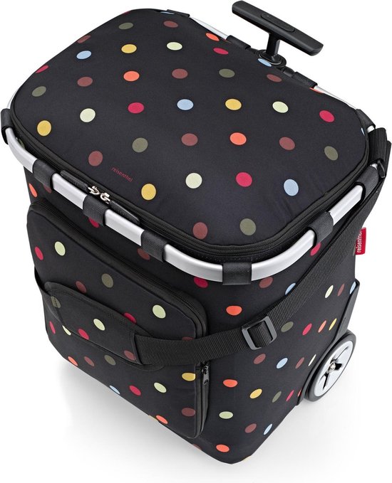 Zwarte boodschappentrolley met veelkleurige stippen, zilverkleurig frame, handvat en wielen.