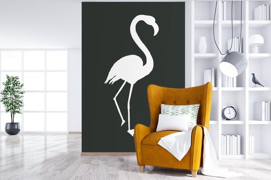 Silhouette Wit d'un flamant rose sur fond gris foncé 195x300 cm