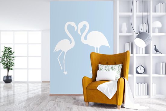 Silhouettes Witte de flamants roses sur fond bleu clair 195x300 cm