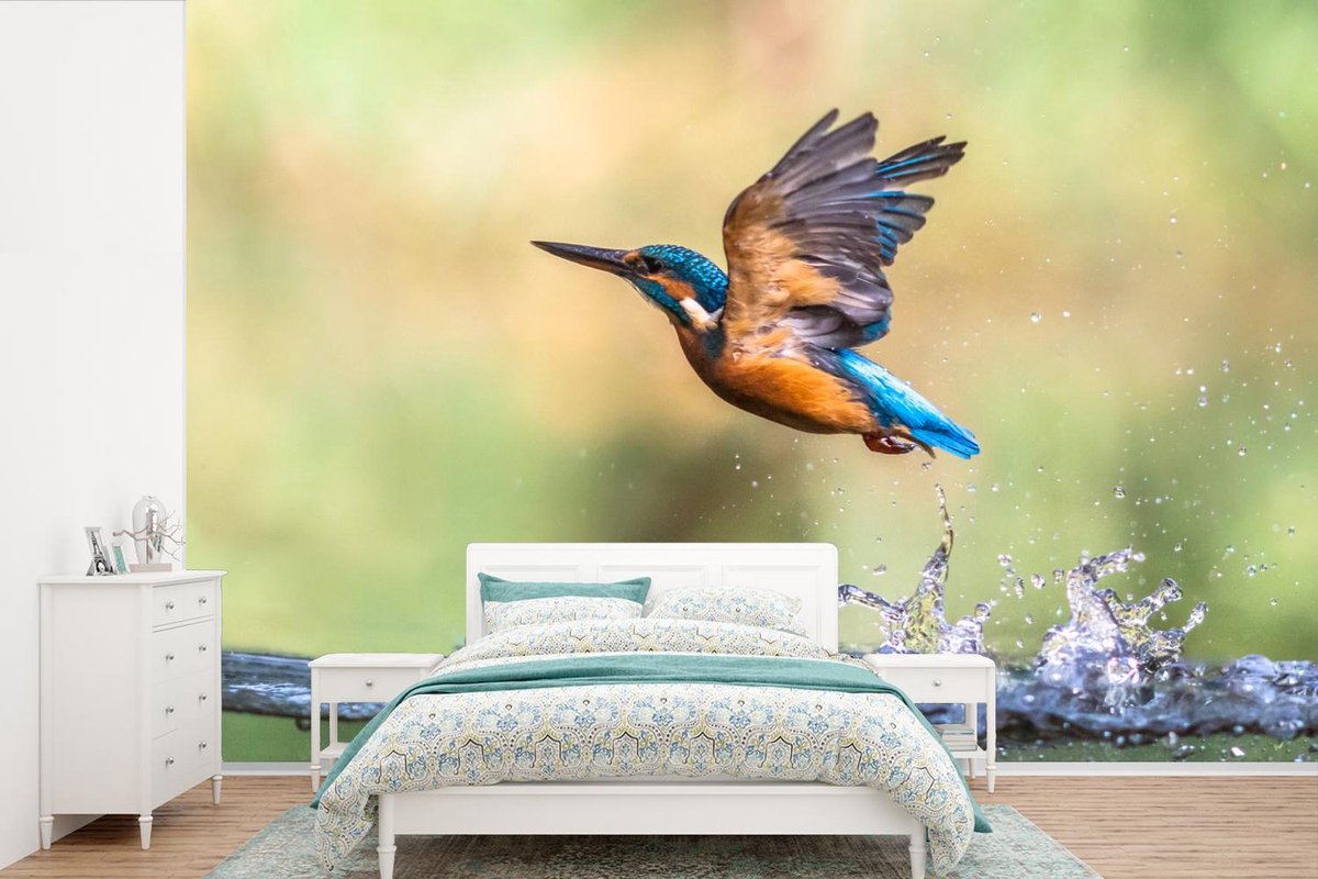 Behang - Fotobehang IJsvogel - Water - Vliegen - Breedte 360 cm x hoogte 240 cm