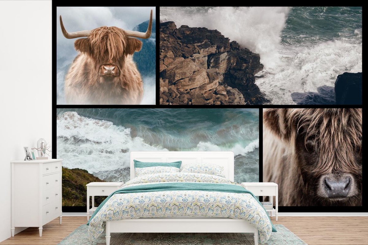 Behang - Fotobehang Schotse Hooglander - Collage - Stenen - Zee - Breedte 420 cm x hoogte 280 cm