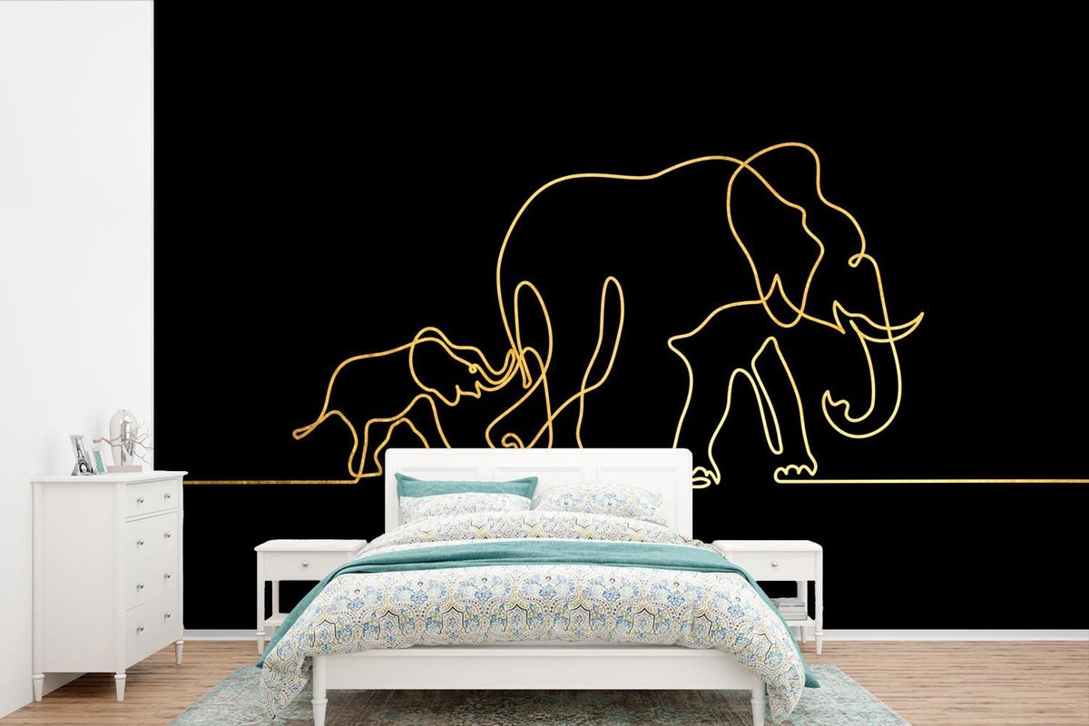 Behang - Fotobehang Olifant - Goud - Zwart - Minimalisme - Breedte 360 cm x hoogte 240 cm
