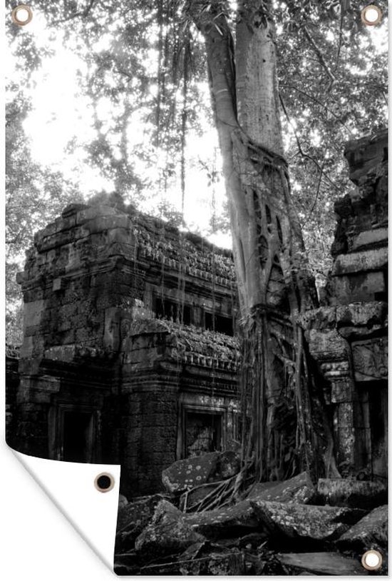 Muurdecoratie Verlaten tempel in Cambodja - zwart wit - 120x180 cm - Tuinposter - Tuindoek - Buitenposter