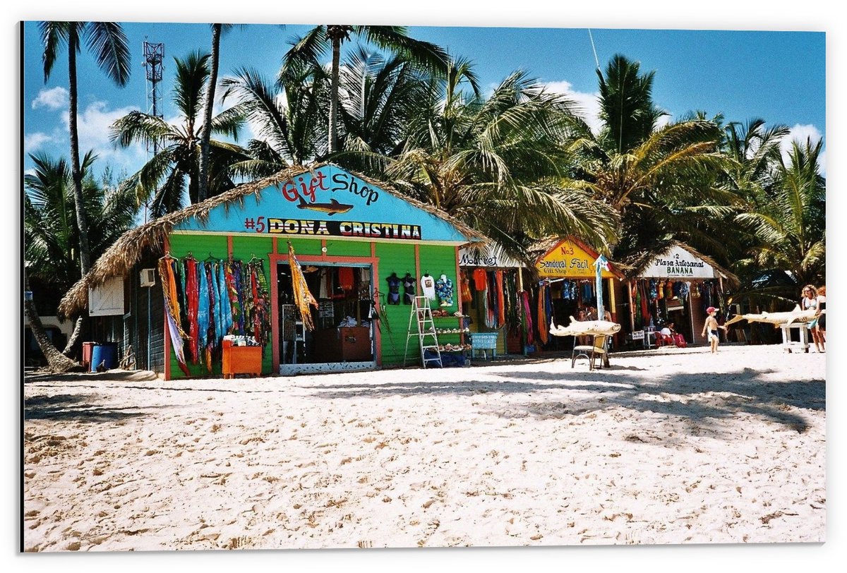 KuijsFotoprint Dibond - Winkeltjes op het Strand - 60x40cm Foto op Aluminium (Met Ophangsysteem) Blauw