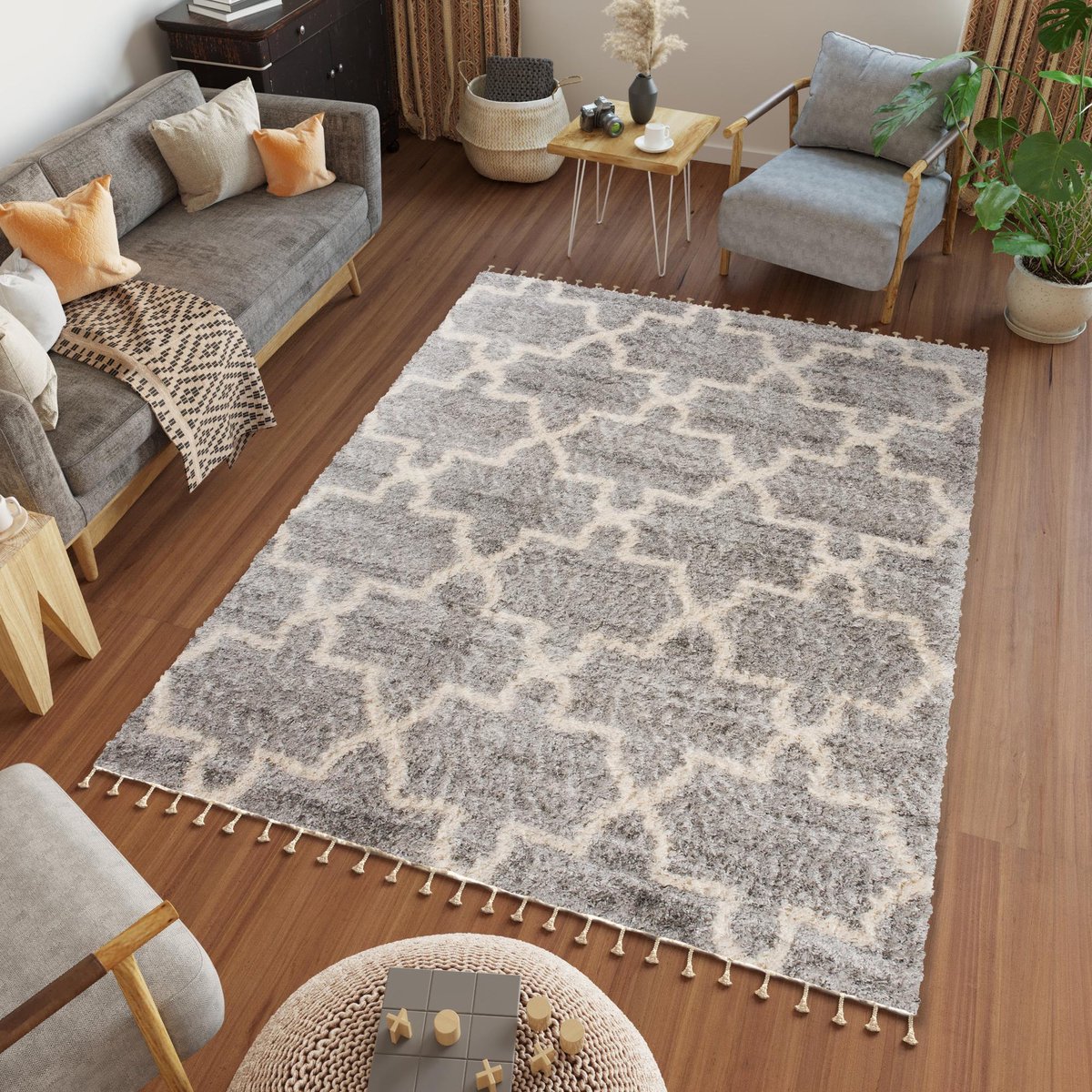 Tapiso Versay Fringes Vloerkleed Hoogpolig Tapijt Woonkamer Maat- 140x200 Grijs Creme1