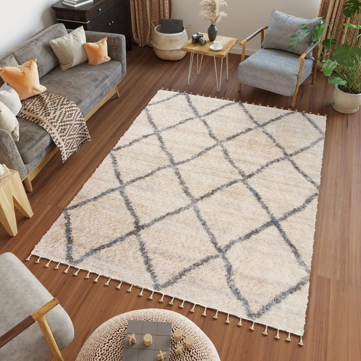 Tapiso Versay Fringes Vloerkleed Hoogpolig Boho Shaggy Tapijt Maat- 120x170 Beige Grijs