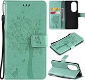 Voor Huawei P50 Pro Boom & Kat Patroon Geperst Afdrukken Horizontale Flip PU Lederen Case met Houder & Kaartsleuven & Portemonnee & Lanyard (Groen)