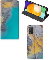 Hoesje Geschikt voor Samsung Galaxy A03s Flip Case Marble Blue Gold