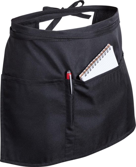 Sloof kort met zakken - taille schort - kokssloof - polyester - met verstelbare riem - vrouwen - mannen - zwart