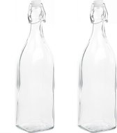 2x Bouteille cadeau/décor en verre DIY 1000 ml avec bouchon à clipser 8 x 32 cm - 1 litre - Cadeaux/remerciements mariages et baby showers
