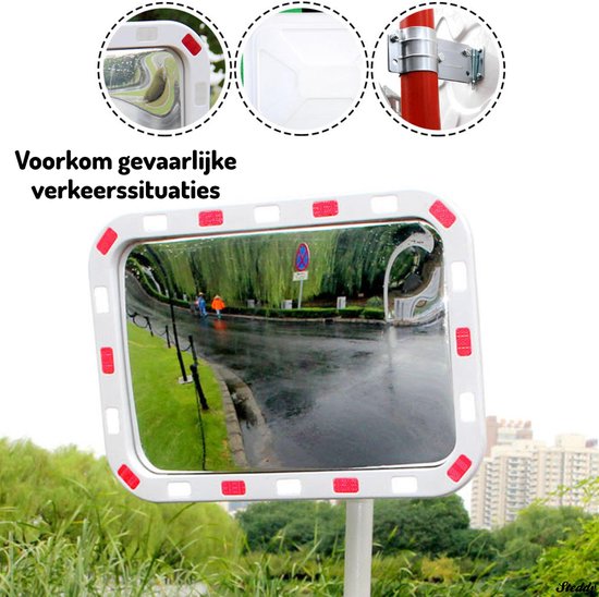 VidaXL Verkeersspiegel Rechthoekig – 60x80 Cm, Convex, Met Reflectoren, Onbreekbaar PC-kunststof, Incl. Montagebeugel