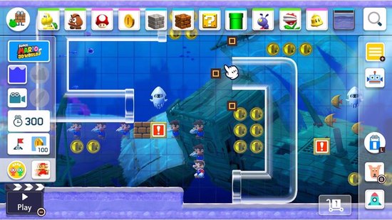 Mario navigeert door een onderwaterlevel met buizen, munten en een scheepswrak.