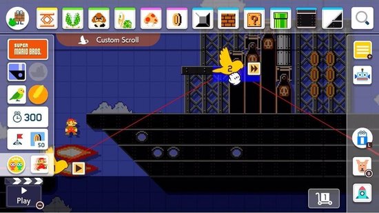 Mario staat op een zwart platform onder een blauwe hemel met rode draden en objecten.