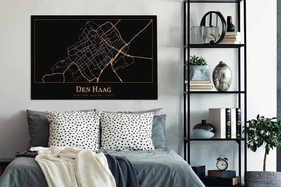 Peintures sur Toile City Map - La Haye - Or - Zwart - 120x80 cm - Décoration murale
