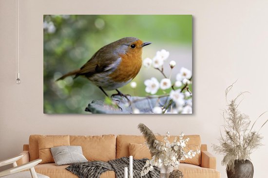 Canvas schilderij 180x120 cm - Wanddecoratie Roodborstje - Bloemen - Tak - Muurdecoratie woonkamer - Slaapkamer decoratie - Kamer accessoires - Schilderijen