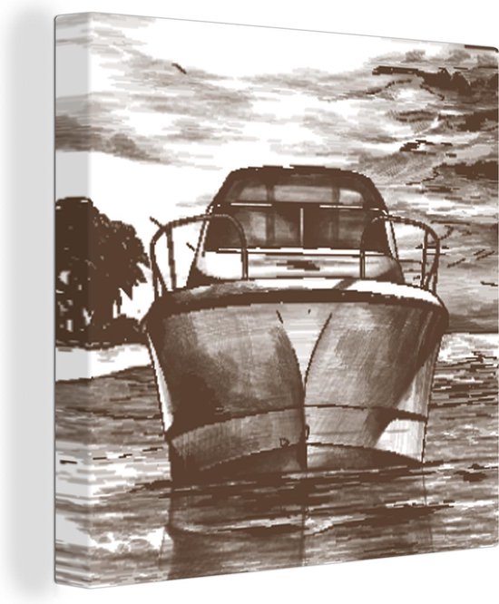 Canvas Schilderij Boot - Zee - Zwart - Wit - 50x50 cm - Wanddecoratie