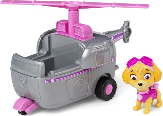 Grijze speelgoedhelikopter met roze accenten en een Skye-hondje met roze bril en outfit.