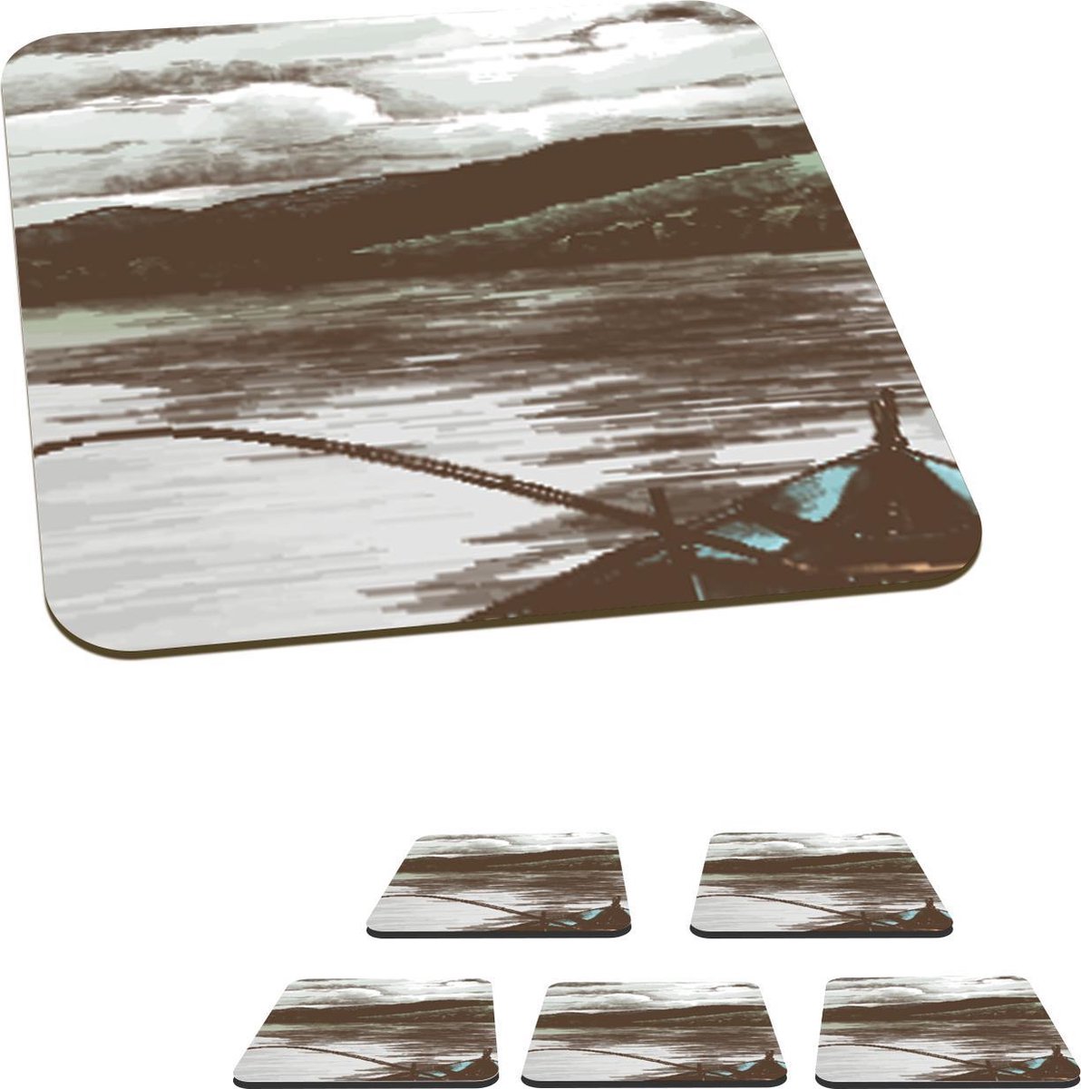 Onderzetters voor glazen - Boot - Zee - Vishengel - 10x10 cm - Glasonderzetters - 6 stuks