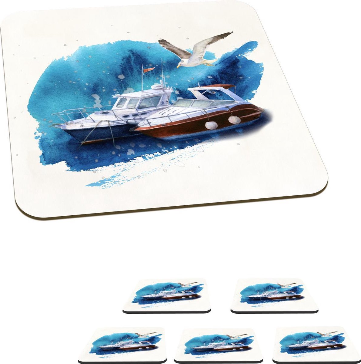Onderzetters voor glazen - Boot - Vogel - Waterverf - 10x10 cm - Glasonderzetters - 6 stuks