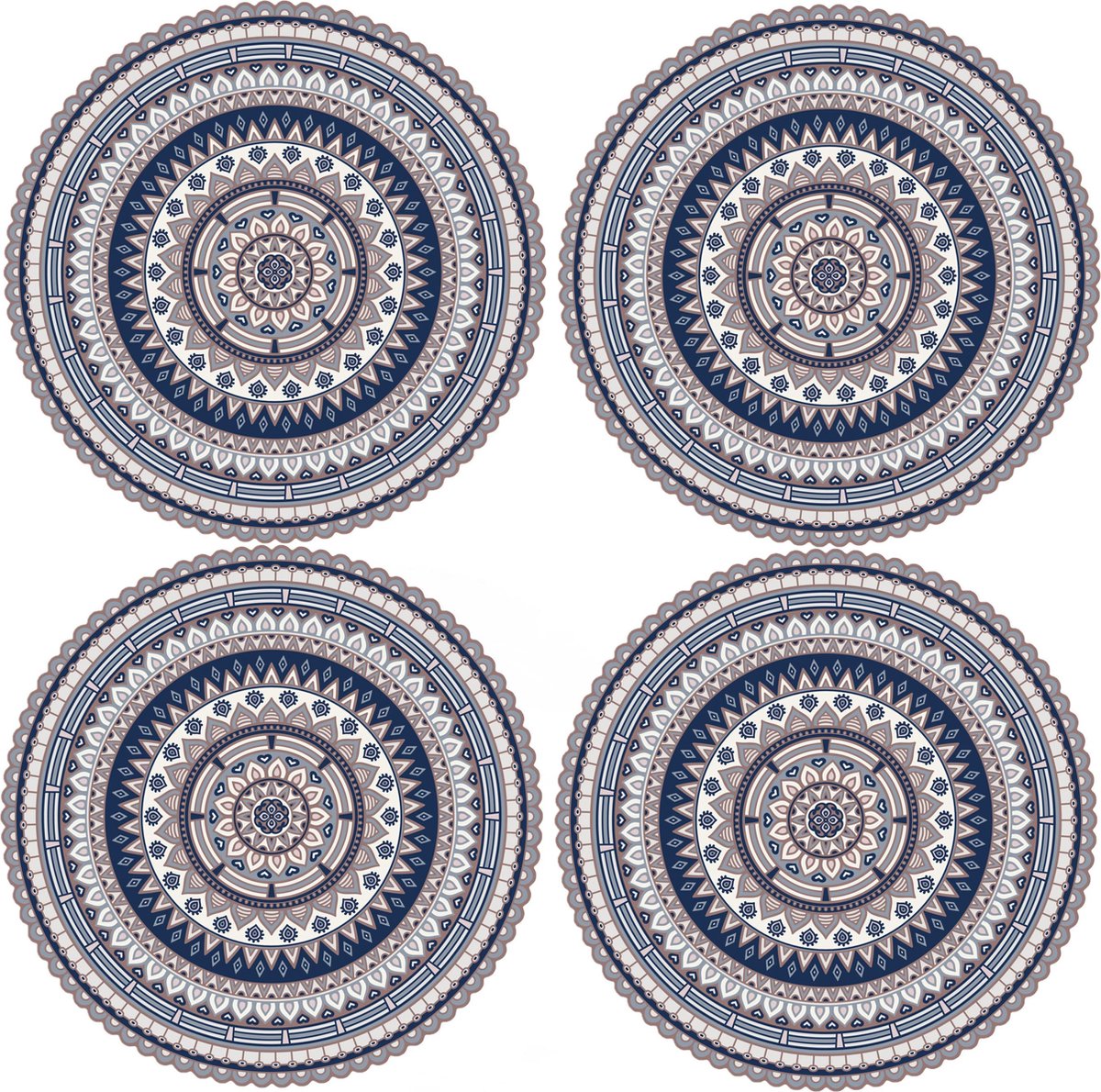 8x stuks Ibiza stijl ronde blauwe placemats van vinyl D38 cm - Antislip/waterafstotend - Stevige top kwaliteit