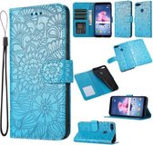 Voor Honor 7S Huid Voelen Reliëf Zonnebloem Horizontale Flip Lederen Case met Houder & Kaartsleuven & Portemonnee & Lanyard (Blauw)