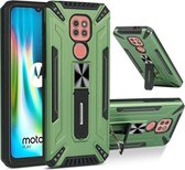 Voor Motorola Moto G9 Spelen War-god Armor TPU + PC Schokbestendige magnetische beschermhoes met opvouwbare houder (donkergroen)