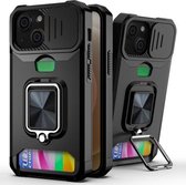 Sliding Camera Cover Design PC + TPU schokbestendig hoesje met ringhouder en kaartsleuf voor iPhone 13 mini (zwart)