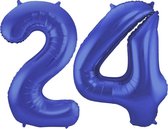 De Ballonnenkoning - Folieballon Cijfer 24 Blauw Metallic Mat - 86 cm