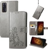 Voor ZTE AXON 20 5G Vierbladige Sluiting Reliëf Gesp Mobiele Telefoon Bescherming Lederen Case met Lanyard & Kaartsleuf & Portemonnee & Beugel Functie (Grijs)