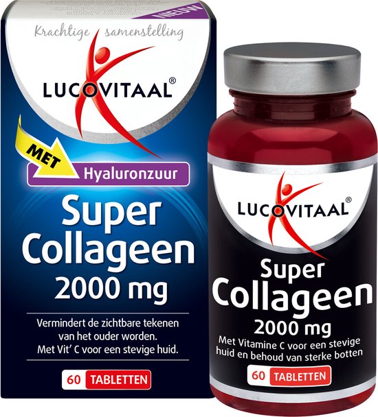 Doos en pot Lucovitaal Super Collageen 2000 mg met 60 tabletten, met tekst en logo.