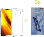 Hoesje Geschikt voor: Xiaomi POCO X3 / X3 Pro - Anti Shock Silicone Bumper Hoesje - Transparant + 3X Tempered Glass Screenprotector
