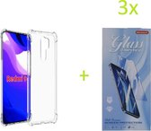 Telefoonhoesje Geschikt voor: Xiaomi Redmi 9 - Anti Shock Silicone Bumper Hoesje - Transparant + 3X Tempered Glass Screenprotector