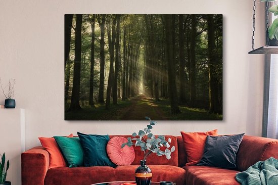 Canvas schilderij 150x100 cm - Wanddecoratie Bospad - Zonnestralen - Horizon - Bomen - Bos - Muurdecoratie woonkamer - Slaapkamer decoratie - Kamer accessoires - Schilderijen op canvas