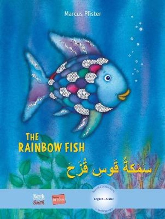 Le poisson arc-en-ciel aux écailles colorées et scintillantes nage dans l'océan bleu. Texte: The Rainbow Fish.