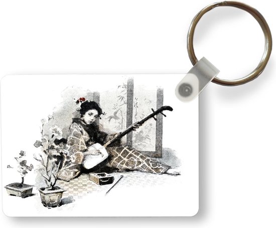 Sleutelhanger - Stippenprint aquarel illustratie vrouw met Japanse gitaar - Uitdeelcadeautjes - Plastic