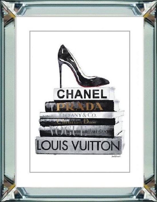 50 x 60 cm - Spiegellijst met prent - Hak met boeken van luxe modemerken - prent achter glas