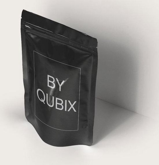 Zwarte, afsluitbare verpakking van By Qubix.