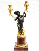 Bronzen beeld - Jongetje met dubbele kandelaar - decoratie - 49,5 cm hoog